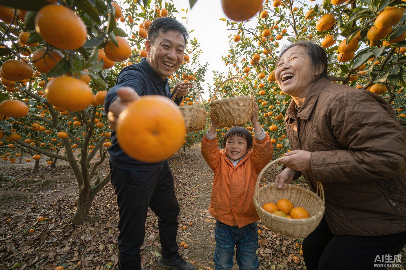 一家人在果园里采摘橙子